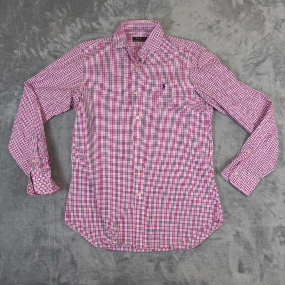 Polo Ralph Lauren Button Down Mens S Pink Tattersall Check Long Sleeve Shirt